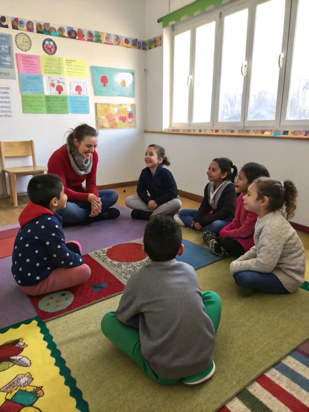 A photo of adolescents engaged in a group mentoring session, discussing their goals and aspirations with a supportive mentor at SAUVEGARDE.