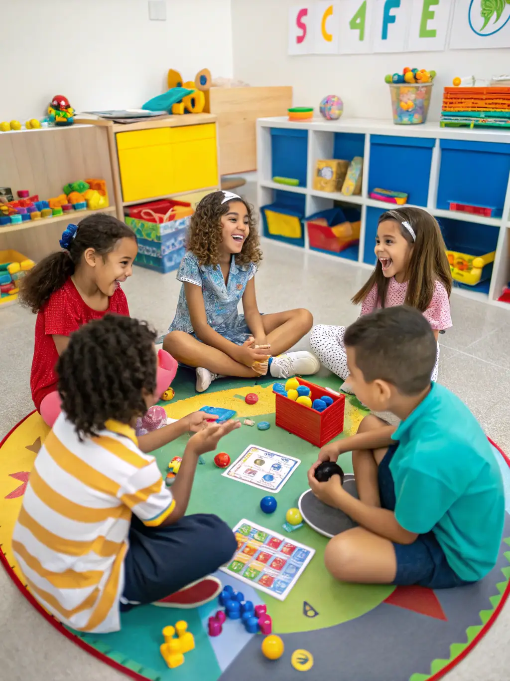 Children playing educational games in a classroom setting, supervised by caregivers at SAUVEGARDE, promoting learning and social skills.