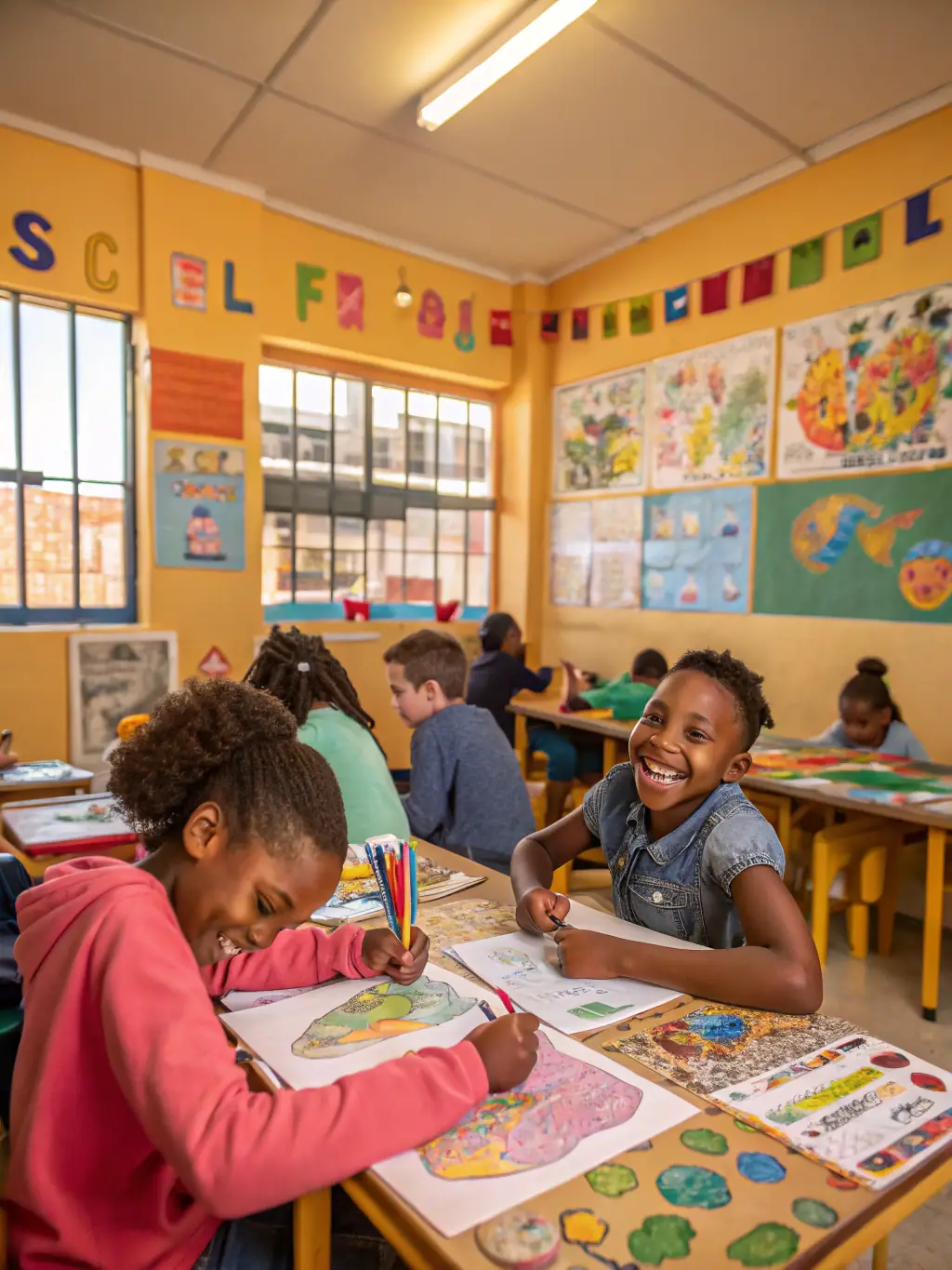 A group of children participating in an art therapy session, painting and drawing with smiles, in a brightly lit room at SAUVEGARDE.