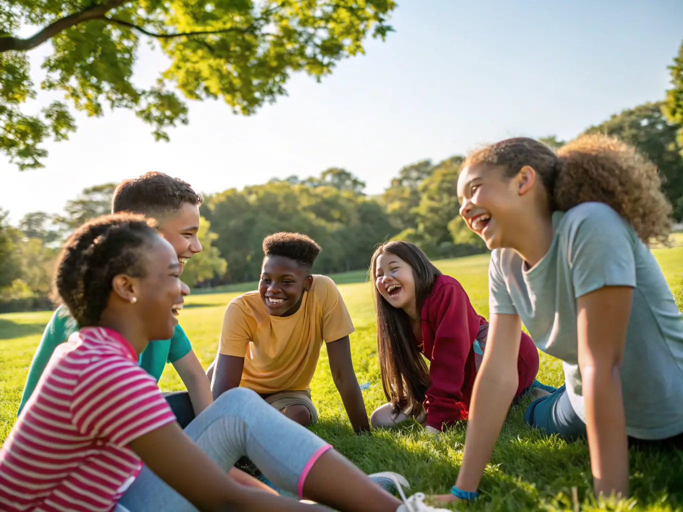 A group of children and adolescents participating in a support program activity, smiling and engaged.