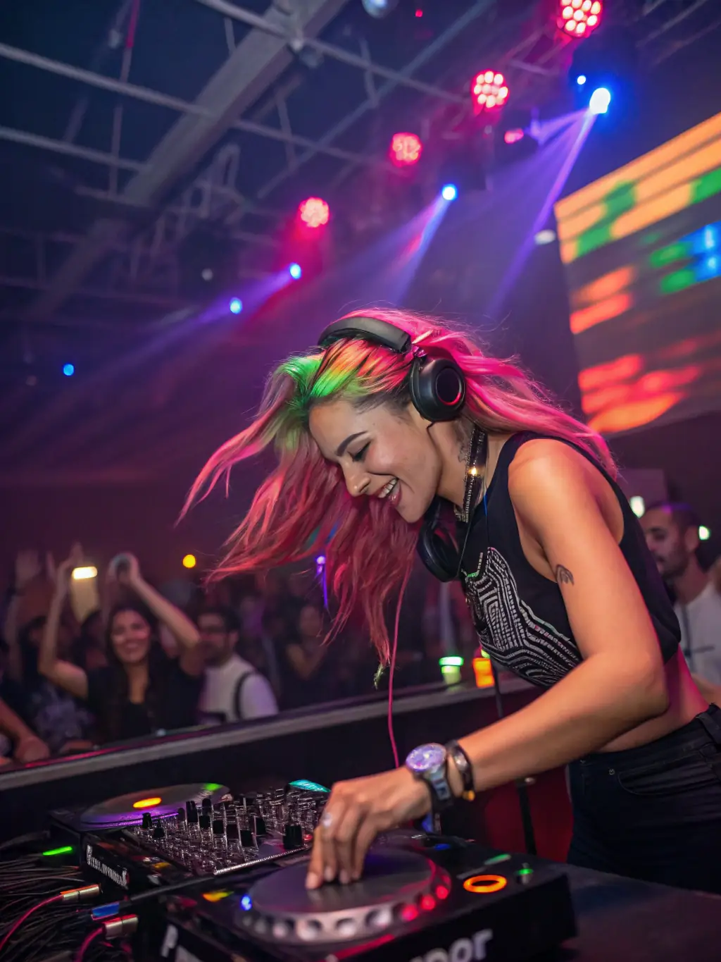 A dynamic image of a GYAL UP dance event, featuring a female DJ and dancers in a lively setting, capturing the energy and excitement of the event.