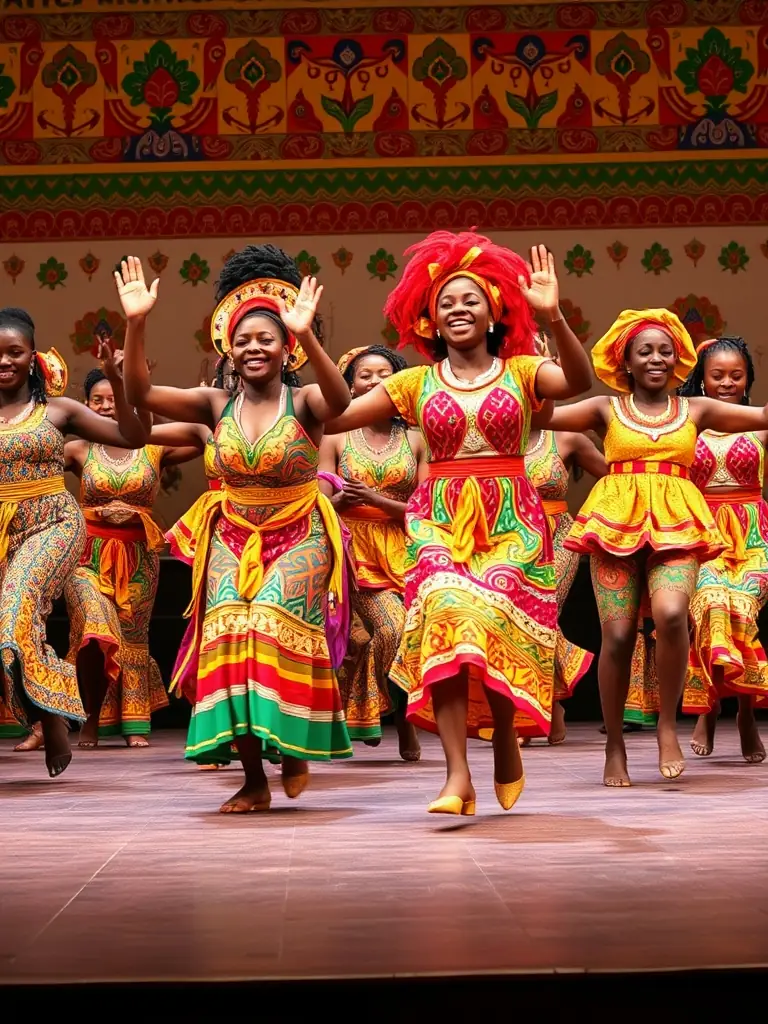 A photograph showcasing a GYAL UP cultural event, featuring female artists and performers celebrating their heritage through dance and music.
