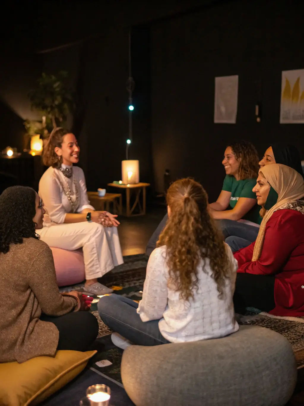 A candid shot of participants sharing stories and laughter during a GYAL UP gathering, emphasizing the sense of community and sisterhood.