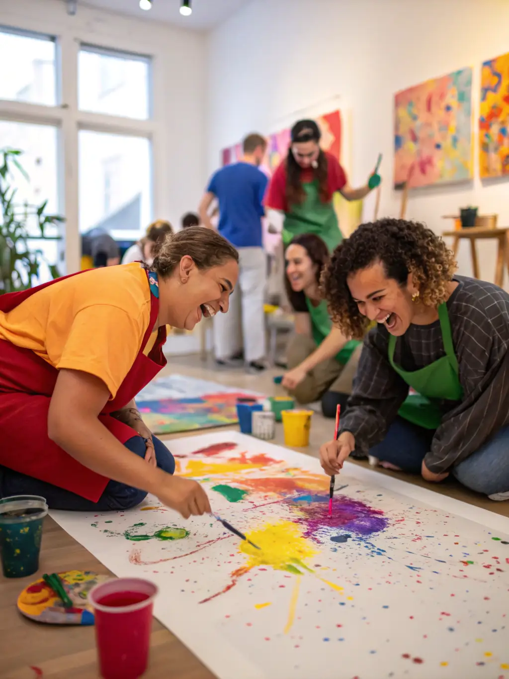 A vibrant photo of a dance workshop in progress, with women of diverse backgrounds laughing and moving together, showcasing the inclusive and empowering environment of GYAL UP.