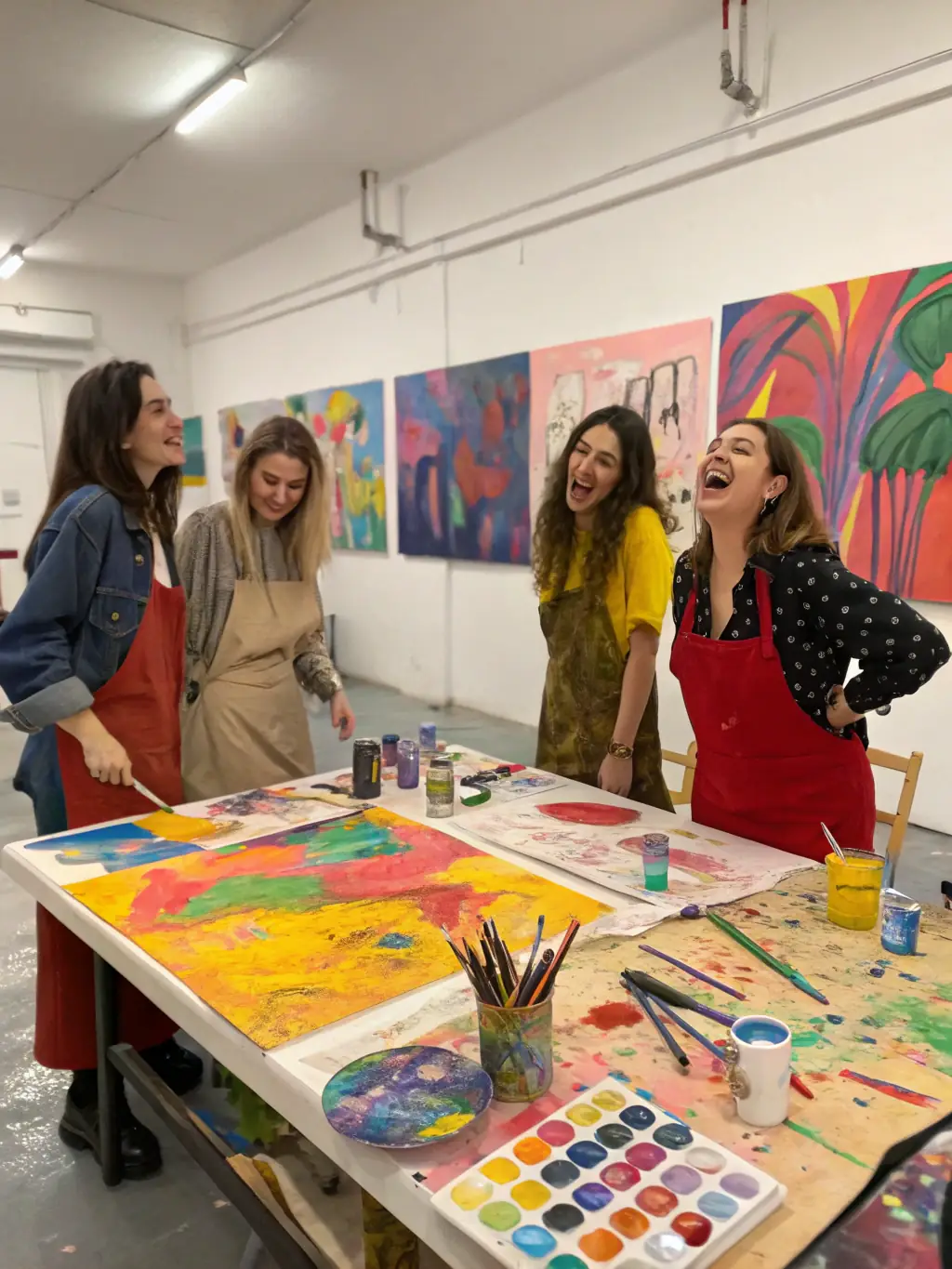 An image of women collaborating on an art project during a GYAL UP workshop, highlighting the creative and collaborative aspects of the organization's activities.